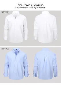 Front and back views of men's long-sleeve Oxford shirts in white and light blue