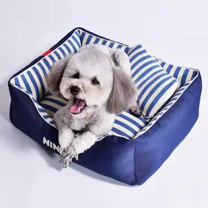 Rectangular blue striped pet bed with washable cover for small to medium dogs and cats