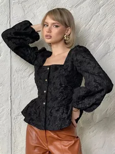 Camicetta Jacquard Stile Francese Donna Scollo Quadrato Maniche a Sbuffo Orlo Peplum Camicetta Pendolare Elegante Top