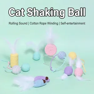 Interactive Cat Toy Ball Cotton Rope Woven Sounding Rattle Ball For Cat Teething Boredom Relief Macaron Color Pet Toy With Feather Tail