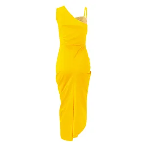 Elegante abito da sera giallo monospalla con dettagli in paillettes e spacco profondo