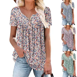 Women's floral short sleeve V-neck tops with button detail showing four color variants