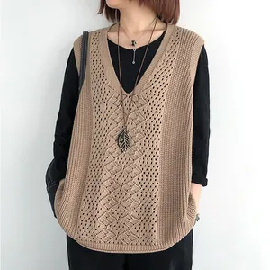 Gilet in Maglia da Donna con Scollo a V Lavorazione Traforata Argyle Maglione Senza Maniche Largo Casual Vintage Traspirante