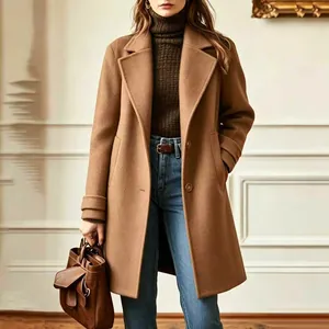 Elegant camel wool blend coat with notched lapel and vintage button details for women