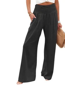 Casual high-waisted wide-leg trousers for women in a breathable loose fit black fabric