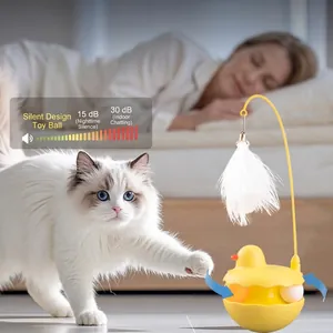 Interactive cat teaser toy with feather and duck tumbler for indoor cats