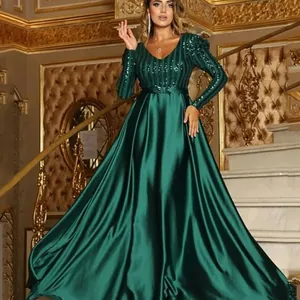 Elegant emerald green deep V-neck evening gown with sequined bodice and satin skirt