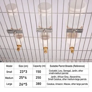 Größentabelle für automatische Vogeltränken für kleine bis große Papageien, 150-380ml.