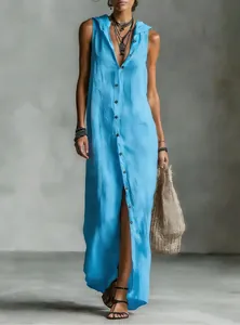 Detailed view of casual sleeveless hooded maxi dress featuring button-down front design