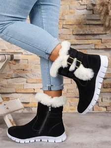 Black faux fur snow boots with double buckles and thick white platform soles