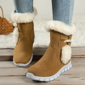 Women Winter Snow Boots Thick Sole Faux Fur Lining Side Zipper Cotton Canvas Thermal Warm Mid-Short Outdoor Boots