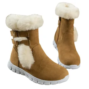 Warm tan suede women's snow boots featuring white plush fur trim and side buckle details.
