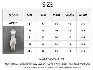 Detailed size chart for floral print V-neck strap dress showing all measurements in cm.