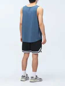 Detailed back view of men's breathable black mesh athletic shorts with white stripe trims
