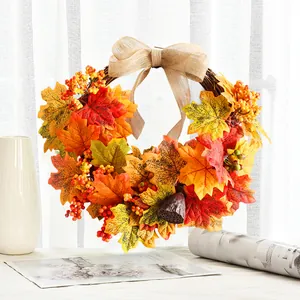Autumn Simulation Maple Leaf Wreath with Linen Bow Berry Lotus Pod for Front Door Wall Hanging Thanksgiving Christmas Home Decor