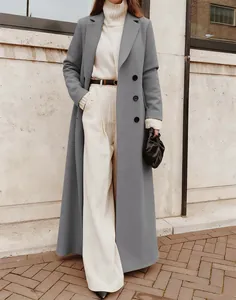 Full length view of a stylish long grey wool coat perfect for autumn and winter season