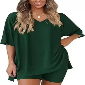 Comfortable women's dark green casual V-neck loungewear set with loose tee and shorts.