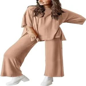 Casual women's tan two-piece lounge set with short sleeve top and wide leg pants