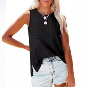 Close-up view of women's sleeveless black textured crochet tank top with round neckline