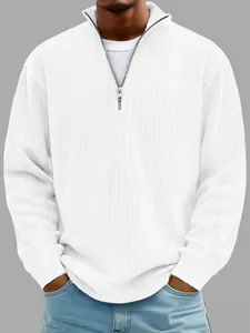 Jersey casual de pana blanca para hombre con media cremallera y manga larga de otoño.