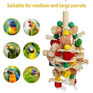 Large parrot bird toy made of natural corn cob rattan ball and woven grass for chewing
