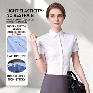 Women Professional Office Blouse Polyester Spandex Slim Fit Elastic Button Up Work Shirt Minimalist Formal Top