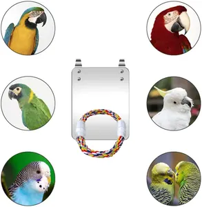 Bird cage mirror toy with colorful braided rope perch for parrots and parakeets