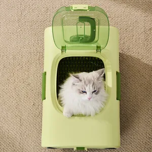 Light green foldable pet carrier for cats with transparent top lid on carpet