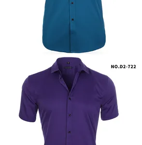 Men's short sleeve stretch business casual shirts available in purple and teal colors.