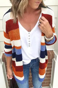 Detalle de una chaqueta de punto de rayas multicolores con bandas azules y naranjas