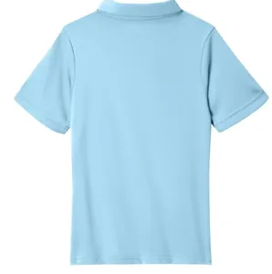 Detail view of the back of a light blue short-sleeved casual polo shirt for kids