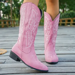 Rosa bestickte Cowboy-Stiefel für Damen mit spitzer Zehenpartie und stabilem Blockabsatz