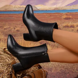 Detailed side view of black pointed-toe ankle boots with block heel and side zipper