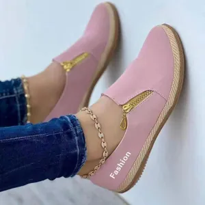Chaussures Plates Décontractées en Cuir PU pour Femmes Couleur Unie Fermeture Éclair Latérale Plateforme Espadrilles Semelle en Corde