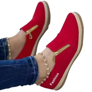 Espadrilles décontractées rouges pour femmes avec fermeture éclair et plateforme
