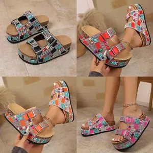 Dames Strass Plateau Sandalen Boheems Sprankelende Kralen Dubbele Gesp Slides Dikke Zool Strand Schoenen Kurk Textuur Slippers