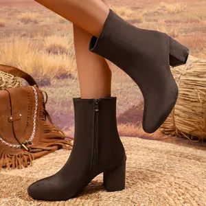 Dark brown suede-like ankle boots with square block heel and side zipper for women