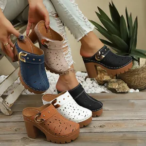 Women Fashion Closed Toe High Heel Mules Platform Hollow Out Clogs Thick Chunky Heel Sandals PU Leather Rivet Buckle Shoes