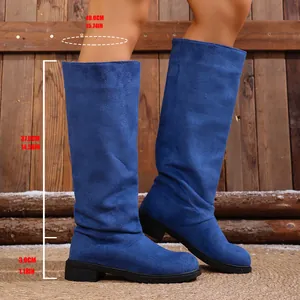 Detailed dimensions of blue suede slouchy western boots showing shaft height and heel