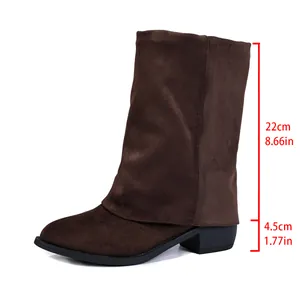 Detail view of brown suede mid-calf boots showing 4.5cm heel height measurement.
