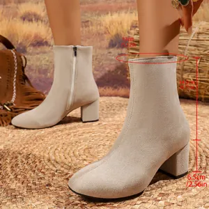 Detailed measurements of beige suede ankle boots with block heel and side zipper