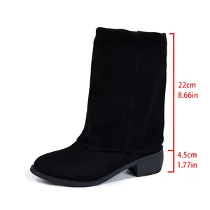 Detail of black suede mid-calf boots showing 22cm shaft and 4.5cm heel height.