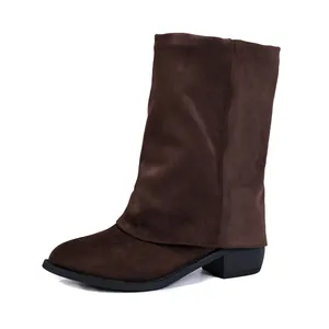 Vintage brown suede mid-calf boots featuring a pointed toe and stable chunky mid-heel