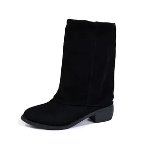 Side view detail of black suede mid-calf pull-on gaiter boots with chunky mid-heel