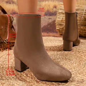 Brown suede ankle boot detail with shaft and heel measurements in cm and inches.