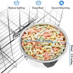 Stainless steel hanging pet bowl for dog cages, 6-inch diameter, includes dimension specs