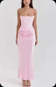 Full-length front view of a pink strapless corset evening gown with elegant draping.