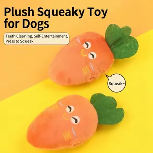 Durable squeaky plush carrot toy for dogs providing teeth cleaning and interactive play fun