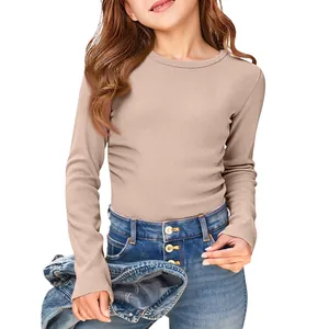Close-up detail of girls long sleeve ribbed T-shirt in beige cotton blend stretch fabric