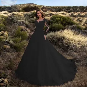 Elegant black lace long sleeve wedding dress with V-neck and heavy train embroidery
